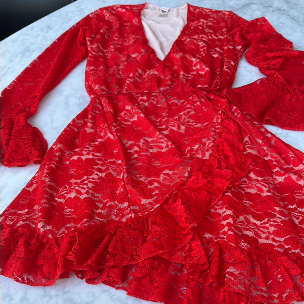 HAH (hot as hell) Red Lace long sleeve Wrap Dress NWOT